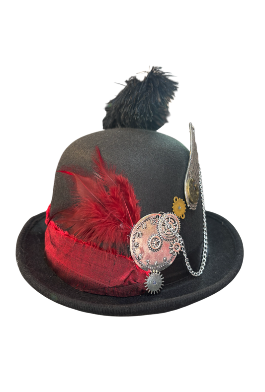 Steampunk Bowler Hat With Red Ribbon And  Gem