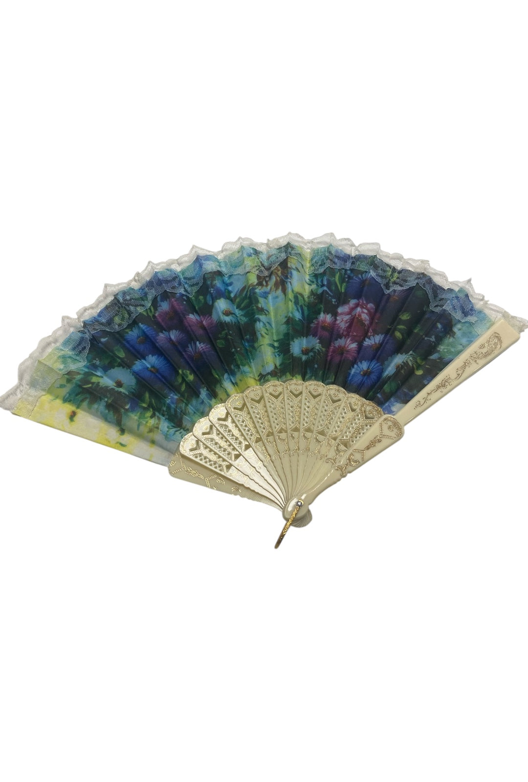 Cream and Gold Hand Fan With Green, Blue and Purple Watercolour Flowers (Q)