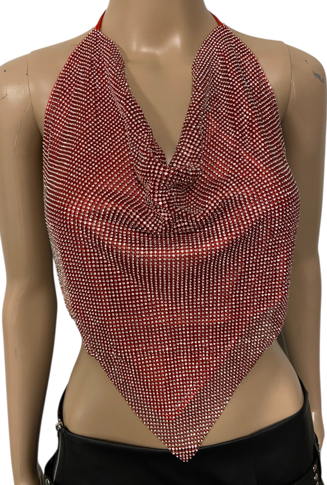Red Rhinestone Metal Mesh Crop Top