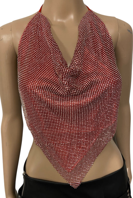 Red Rhinestone Metal Mesh Crop Top