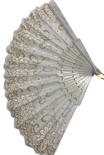 White and Gold Hand Fan With Gold Glitter Flowers (A)