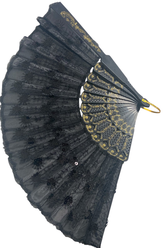 Black Hand Fan With Black Sequins