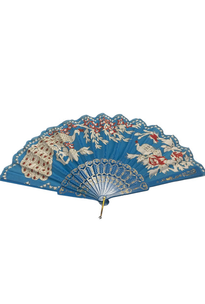 Blue and Gold Hand Fan With Peacock and Roses