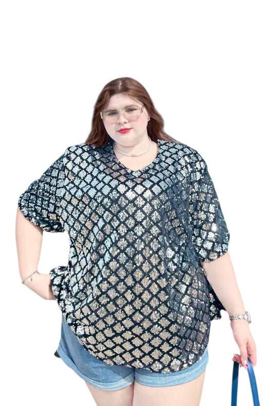 Black and Silver Diamond Sequin Top