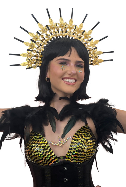 Large Upcycled Gold Pearl Floral and Leaf Headband