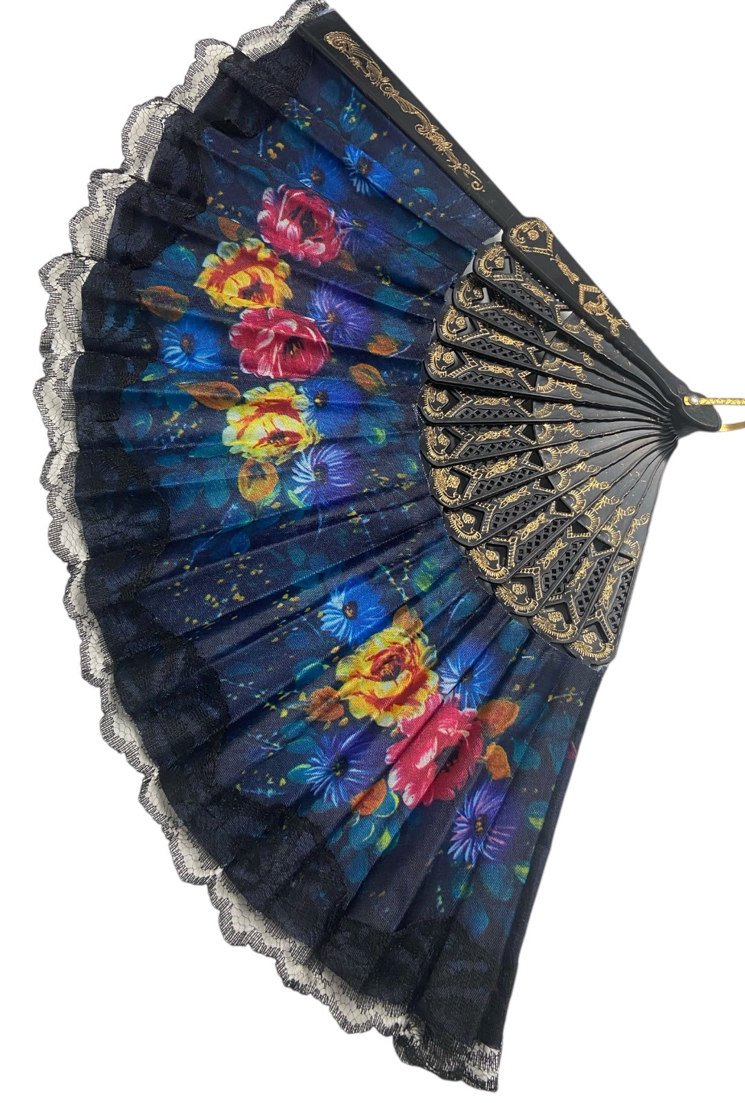 Black and Gold Hand Fan With Watercolour Flowers (V)