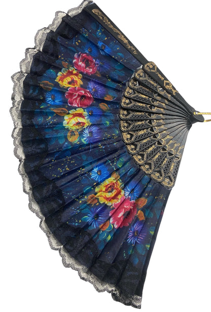 Black and Gold Hand Fan With Watercolour Flowers (V)