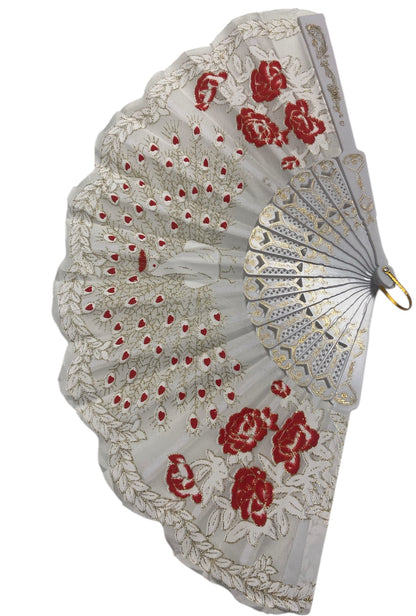 White and Gold Hand Fan With Peacock and Roses