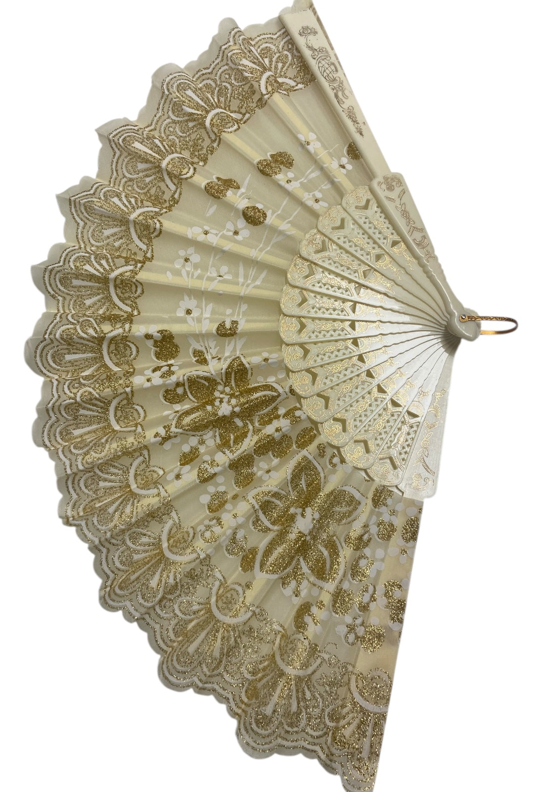 Cream and Gold Hand Fan With Gold Glitter Flowers (E)