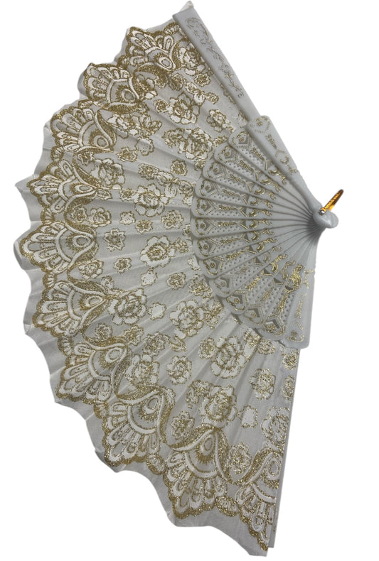 White and Gold Hand Fan With Gold Glitter Detail (N)