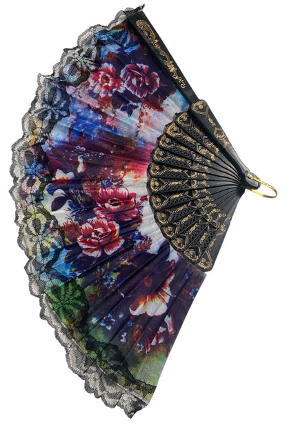 Black and Gold Hand Fan With Watercolour Flowers (Y)