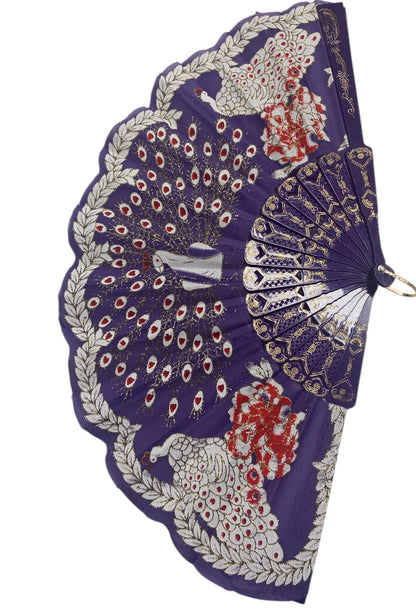 Purple and Gold Hand Fan With Peacock and Roses