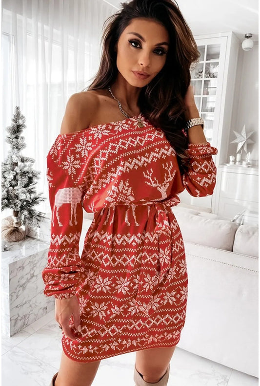 Red Christmas Aztec Long Sleeve Dress
