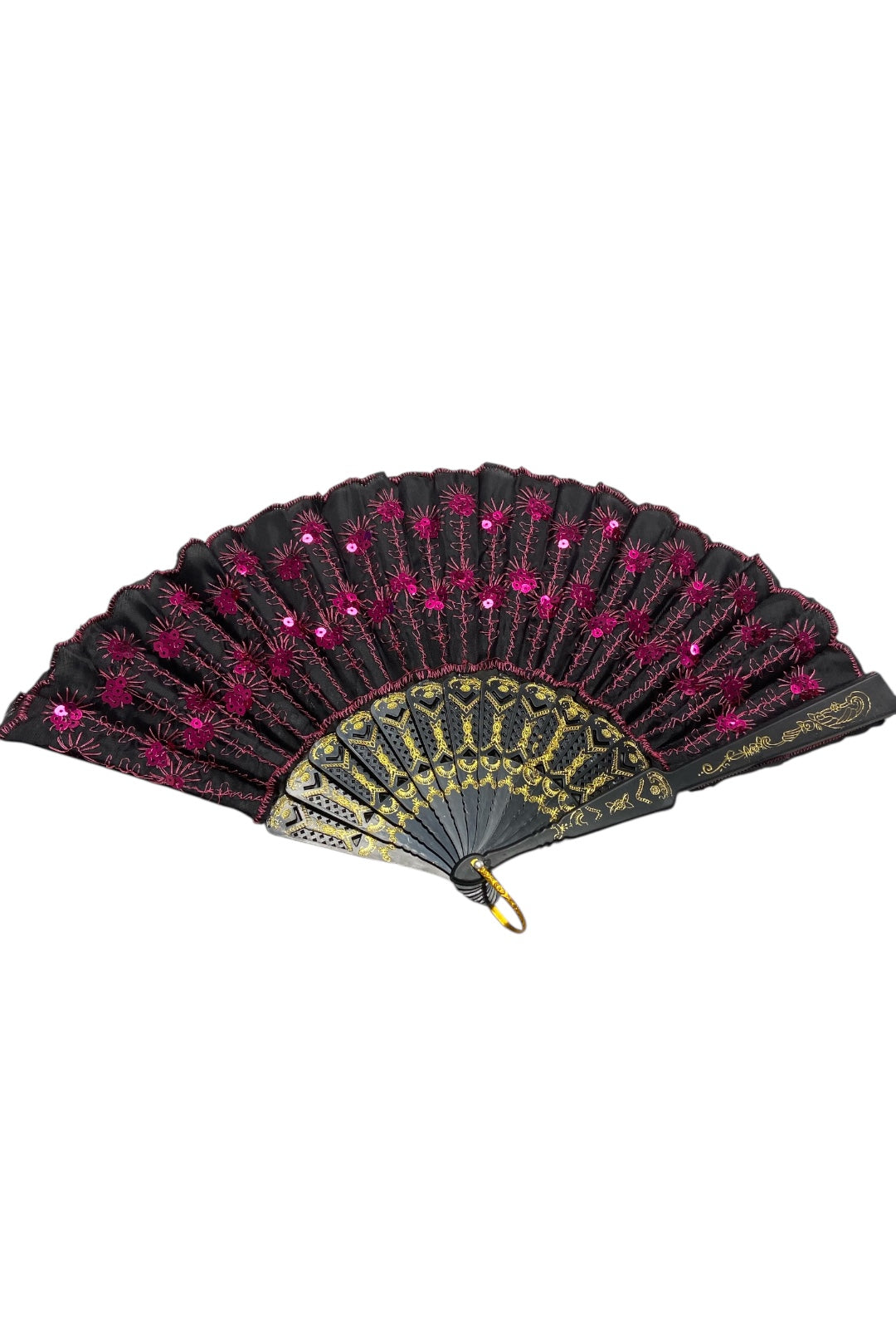 Black Hand Fan With Pink Sequins