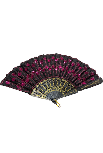 Black Hand Fan With Pink Sequins