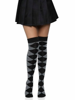 Grey Argyle Over The Knee Socks