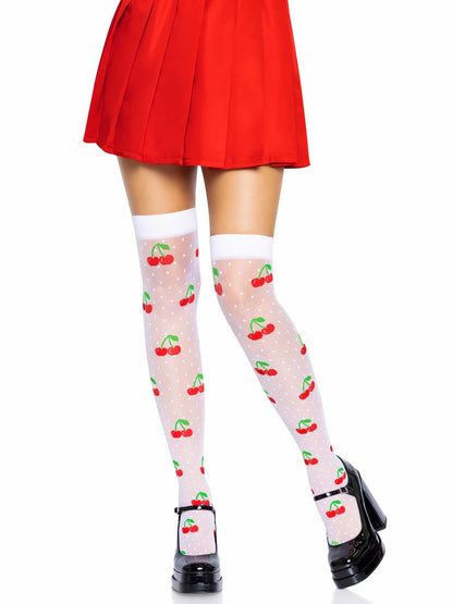 White Cherry Sheer Spandex Thigh Highs