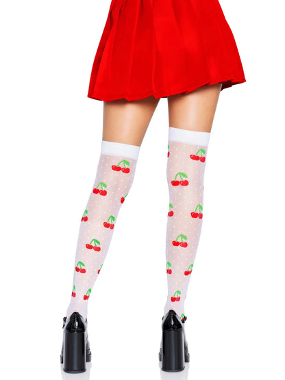 White Cherry Sheer Spandex Thigh Highs