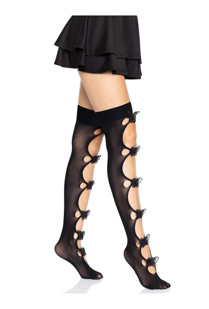 Black Opaque Cut-Out Butterfly Applique Thigh Highs