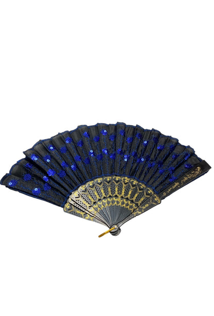 Black Hand Fan With Blue Sequins