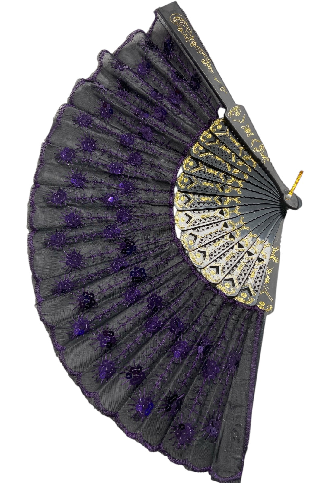 Black Hand Fan With Purple Sequins