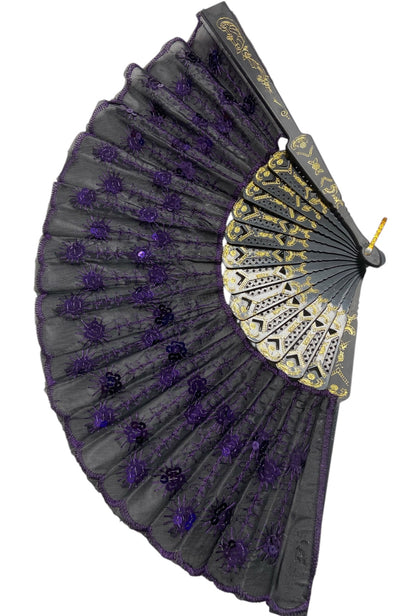 Black Hand Fan With Purple Sequins