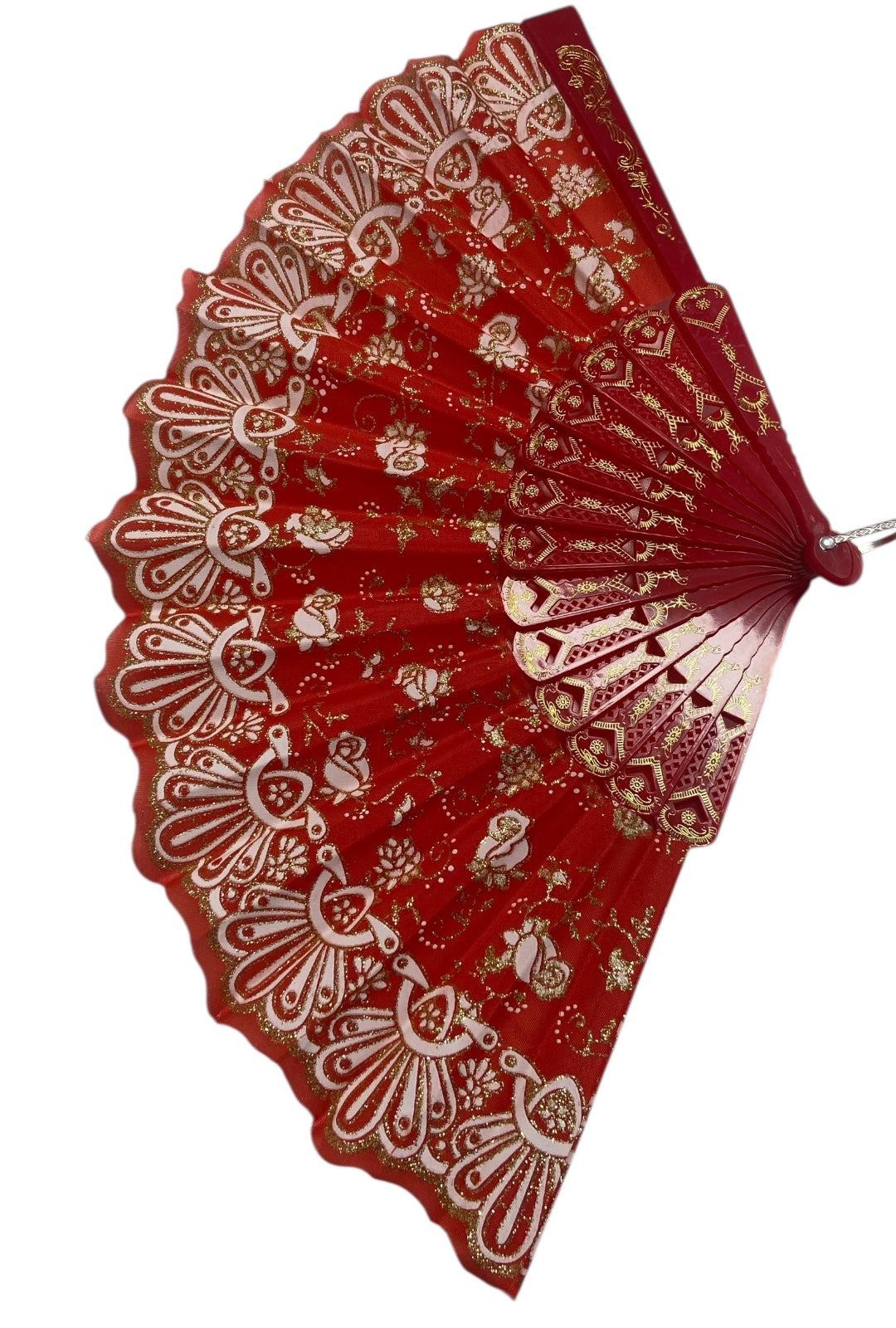 Red and Gold Hand Fan With Roses