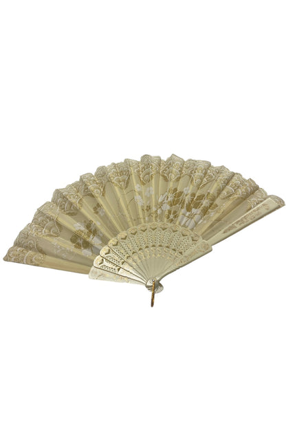 Cream and Gold Hand Fan With Gold Glitter (C)