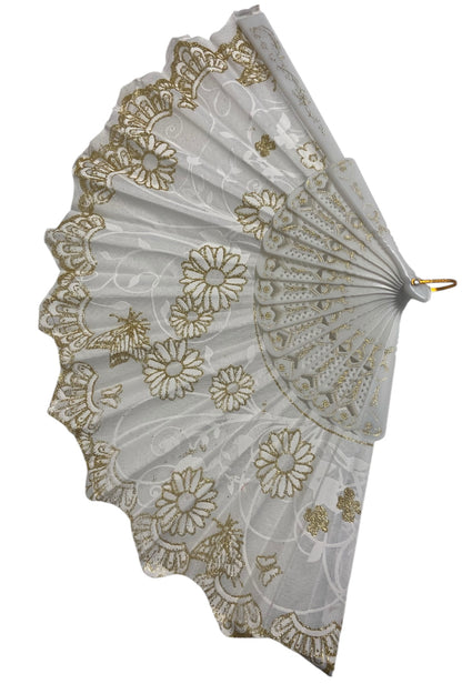 White and Gold Hand Fan With Gold Glitter Detail (M)
