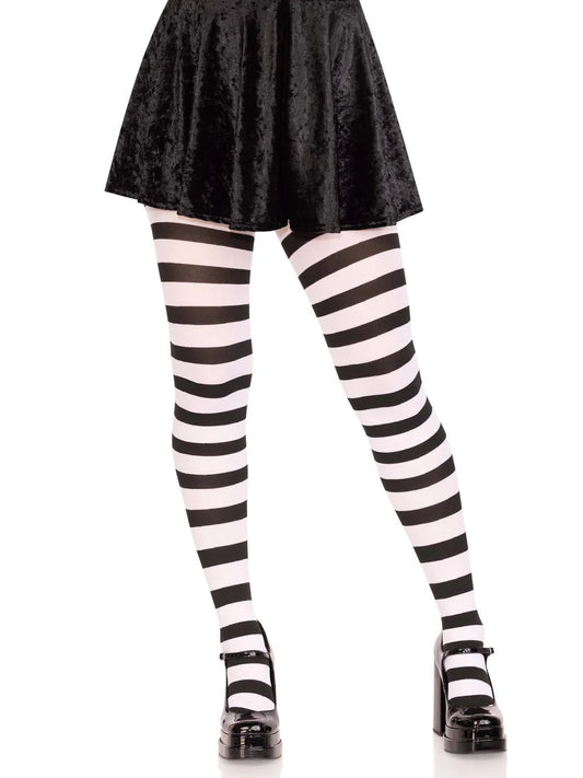 Opaque Black and White Striped Tights
