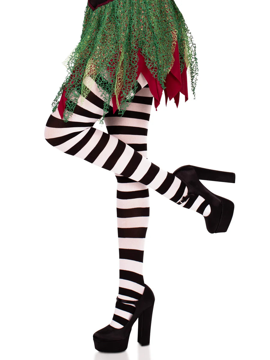 Opaque Black and White Striped Tights