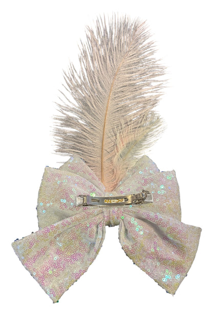 White Sequin Bow With Feather