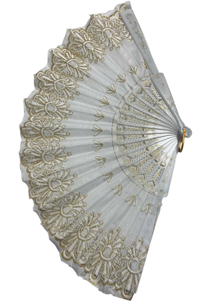 White and Gold Hand Fan With Gold Glitter Pattern (B)