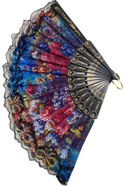 Black and Gold Hand Fan With Watercolour Flowers (T)