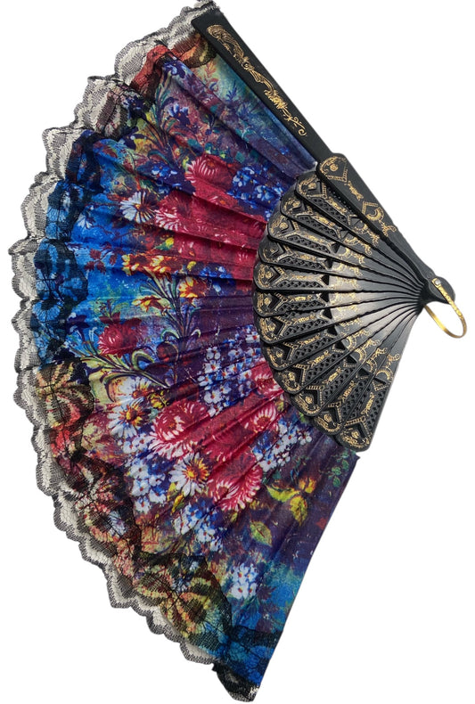 Black and Gold Hand Fan With Watercolour Flowers (T)
