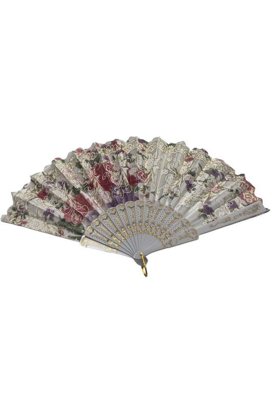 White and Gold Hand Fan With Gold Glitter Flowers