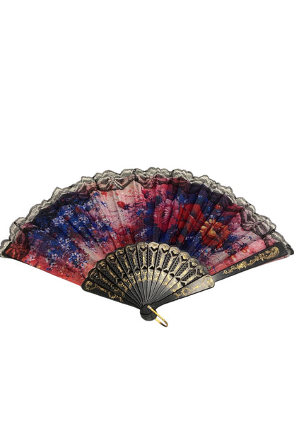 Black and Gold Hand Fan With Watercolour Flowers (U)