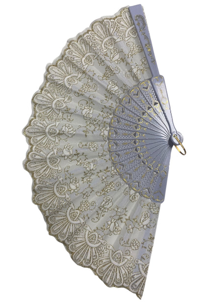 White and Gold Hand Fan With Gold Glitter Roses (E)