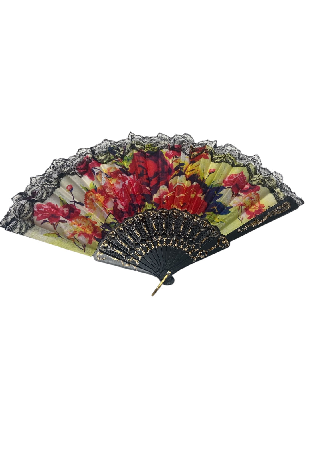 Black and Gold Hand Fan With Yellow and Red Watercolour Florals (B)