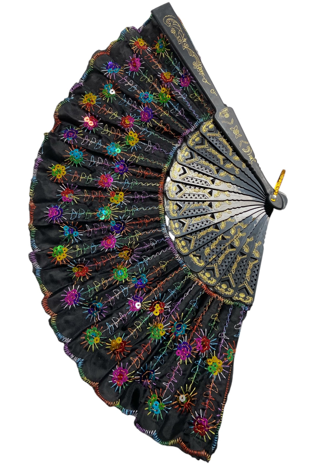 Black and Gold Hand Fan With Rainbow Sequins