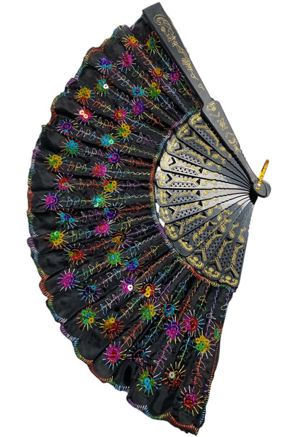Black and Gold Hand Fan With Rainbow Sequins