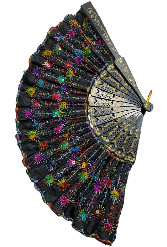 Black and Gold Hand Fan With Rainbow Sequins