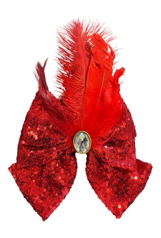 Red Sequin Bow With Feather