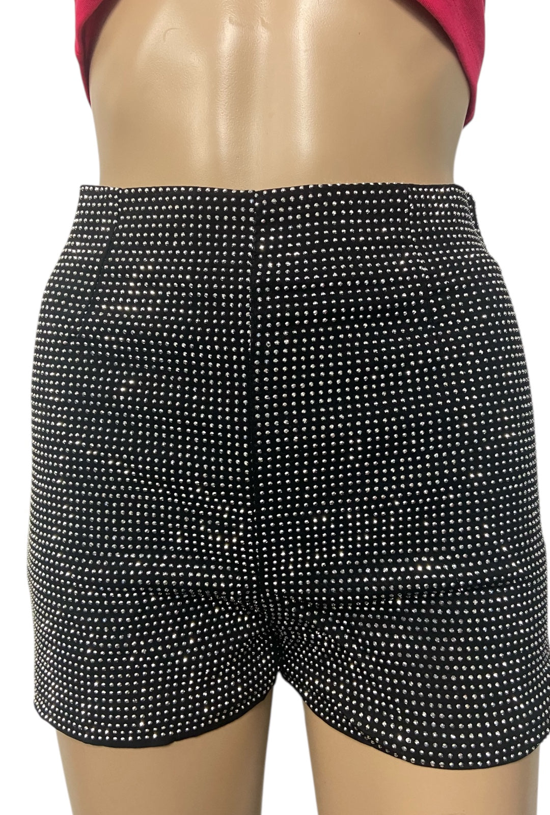 Black High Waisted Booty Shorts With Silver Rhinestones