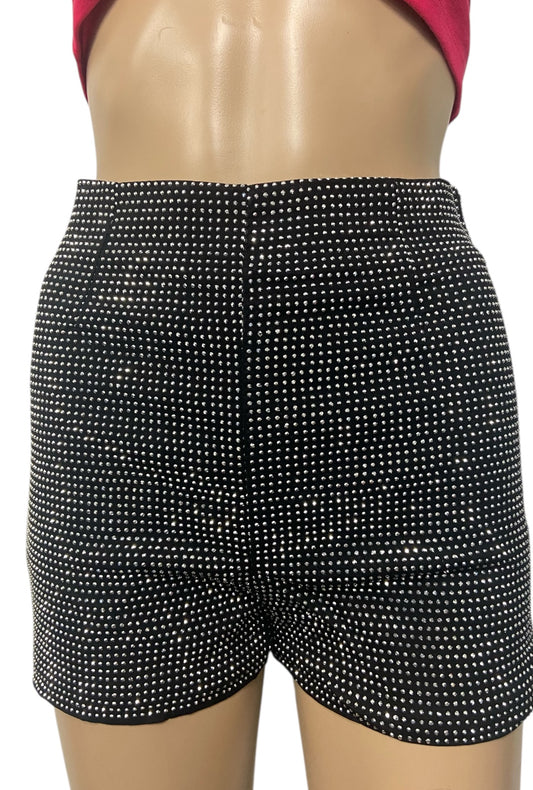 Black High Waisted Booty Shorts With Silver Rhinestones