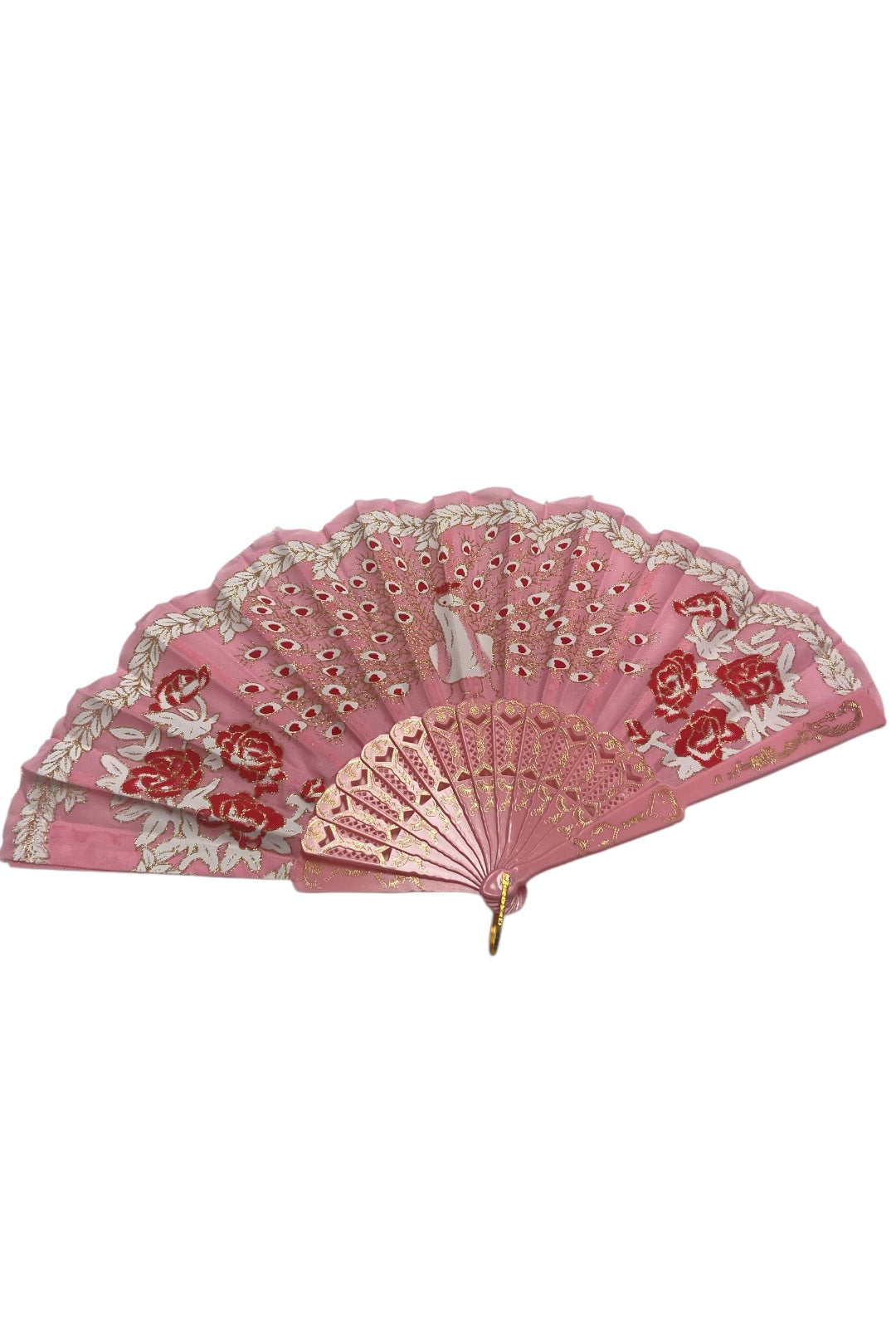 Pink and Gold Hand Fan With Peacock and Roses