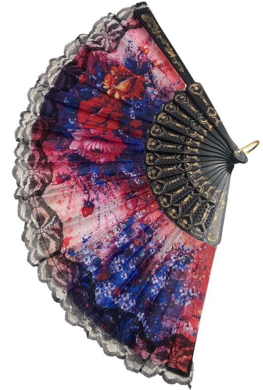 Black and Gold Hand Fan With Watercolour Flowers (U)