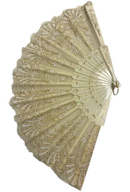 Cream and Gold Hand Fan With Gold Glitter (D)