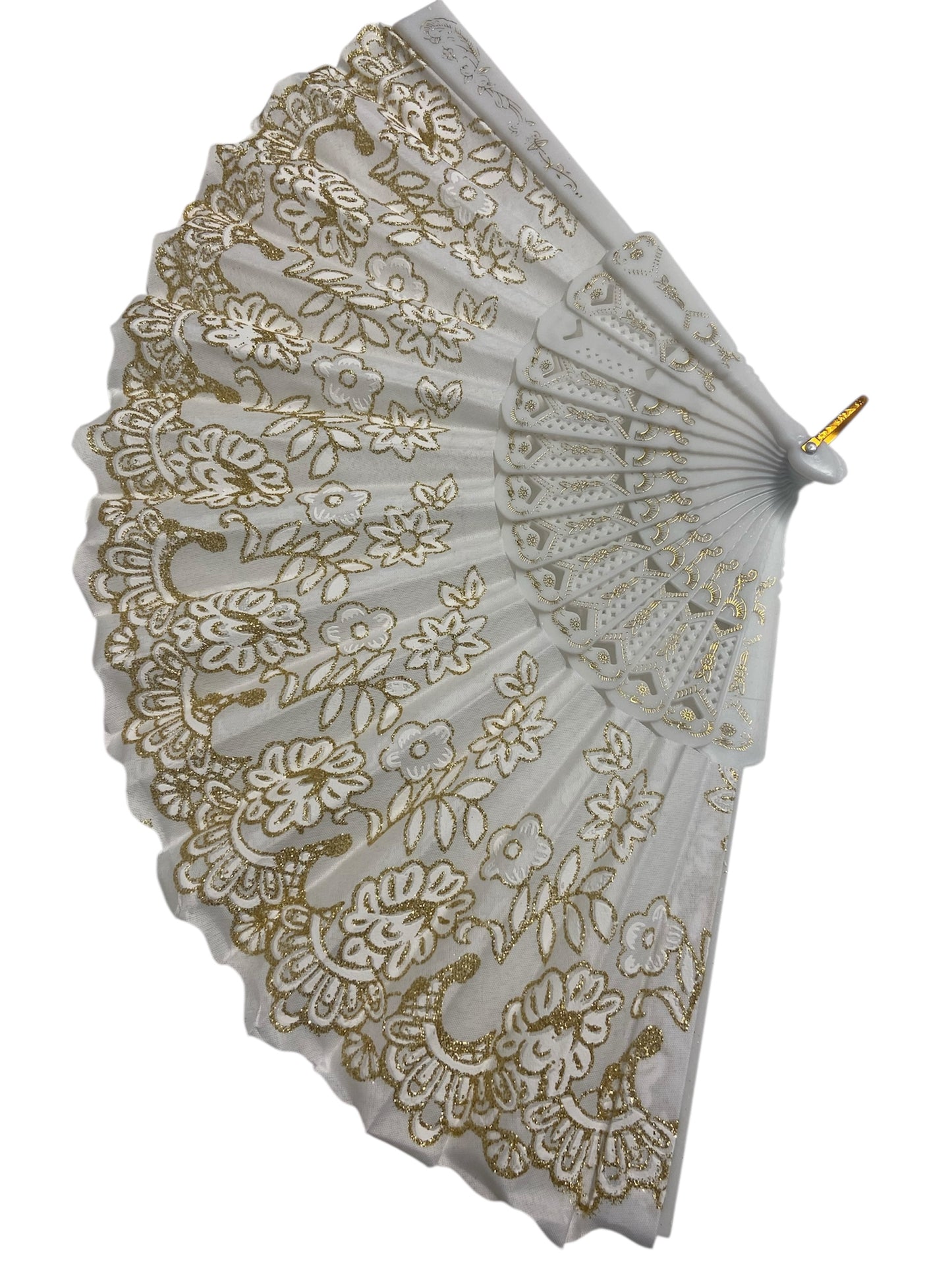 White and Gold Hand Fan With Gold Glitter Detail (H)