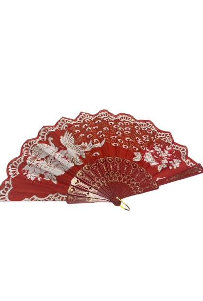 Red and Gold Hand Fan With Peacock and Roses